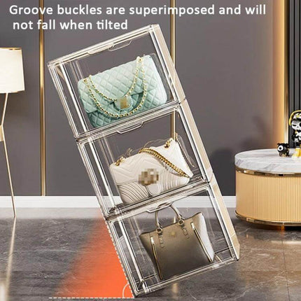 Stackable Transparent Display Box for Handbags, Side Opening showing three handbags in clear PET stackable units with side-opening magnetic lids