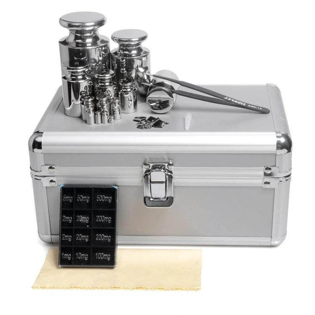 Stainless Steel Standard Weights 25-Piece Set for Precise Weighing – stainless calibration weights, case, tweezers and cloth for lab and jewelry use