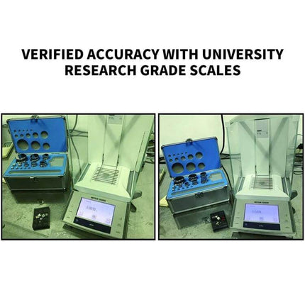 Stainless Steel Standard Weights 25-Piece Set for Precise Weighing displayed with analytical balance for laboratory calibration and verified accuracy