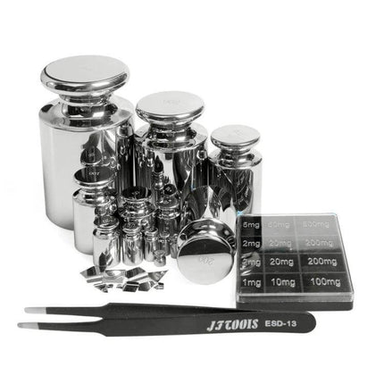 Stainless Steel Standard Weights 25-Piece Set for Precise Weighing — stainless calibration weights, tweezers and weight box for lab, jewelry, classroom