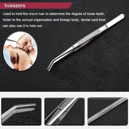 Stainless Steel 4-In-1 Dental Tool Set For Home Use tweezers close-up showing angled stainless steel tweezer for pet and home dental care