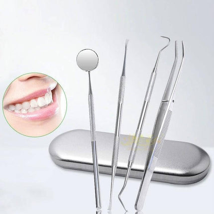 Stainless Steel 4-In-1 Dental Tool Set For Home Use - four durable stainless tools with mirror, probe, scaler and tweezers in metal case for at-home oral checks