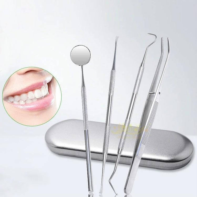 Stainless Steel 4-In-1 Dental Tool Set For Home Use - four durable stainless tools with mirror, probe, scaler and tweezers in metal case for at-home oral checks