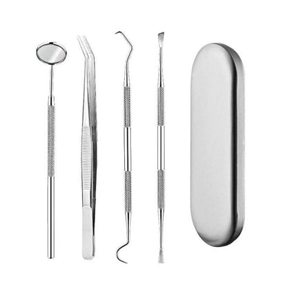 Stainless Steel 4-In-1 Dental Tool Set For Home Use showing mirror, tweezer, probes and storage case for at-home checks and light cleaning