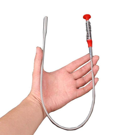 Stainless Steel Wire Sink Cleaning Hook, 60cm Sewer Dredge Tool held in hand showing flexible stainless steel cable and red handle