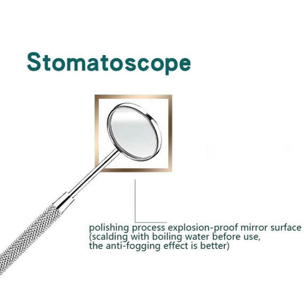 Stainless Steel Dental Tools Set, 6 In 1 Black Box - close-up of stainless stomatoscope mirror with dragon scale non-slip grip, polished anti-fog surface
