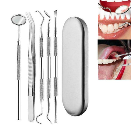 Stainless Steel Dental Tools Set, 6 In 1 Black Box showing 6-piece 304 stainless steel instruments with dragon-scale non-slip grips and metal case