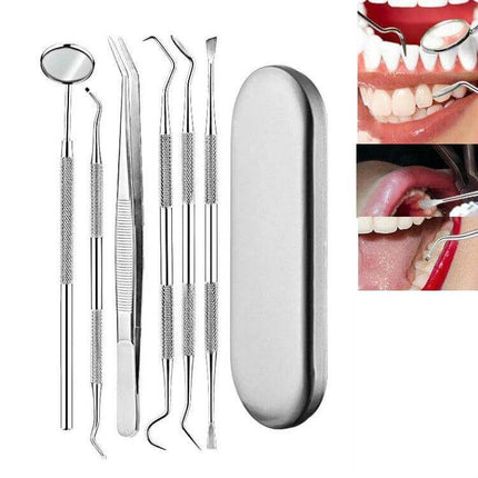Stainless Steel Dental Tools Set, 6 In 1 Black Box compact 304 stainless steel kit with dragon scale non-slip grip for home dental care