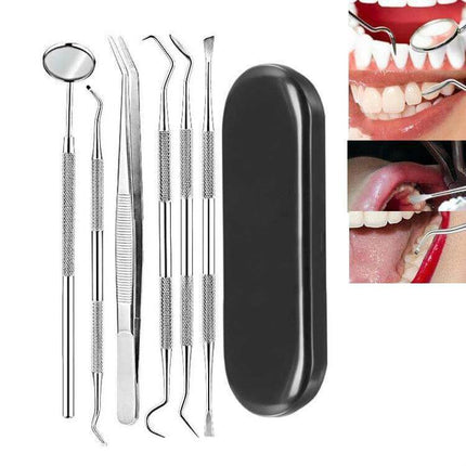 Stainless Steel Dental Tools Set, 6 In 1 Black Box with 6-piece 304 stainless instruments, dragon scale non-slip grip and hard black storage case
