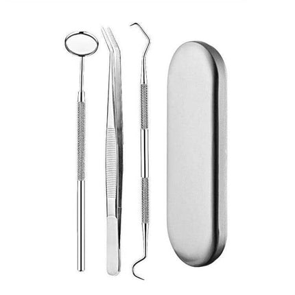 Stainless Steel Dental Tools Set, 6 In 1 Black Box showing 3 stainless instruments and slim metal storage case with non-slip dragon scale grips