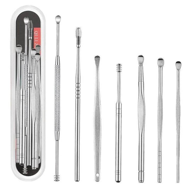 Stainless Steel Double-Ended Ear Scoop Three-Piece Set For Ear Cleaning - stainless steel tools with rotating tips in travel case