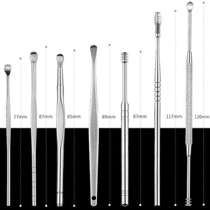 Stainless Steel Double-Ended Ear Scoop Three-Piece Set For Ear Cleaning showing eight stainless steel scoops with dimensions and textured handles
