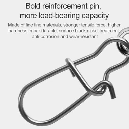Stainless Steel Fishing Swivel Bearing Connector 10-Pack showing close-up of bold reinforcement pin and anti-corrosion finish to prevent line twist