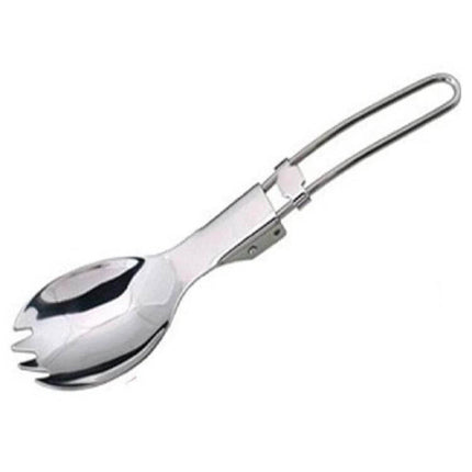 Stainless Steel Folding Spork Two Piece Set for Camping - compact silver foldable camping spork, collapsible for hiking and travel