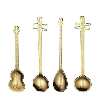 Stainless Steel Coffee Mixing Spoon Guitar Shaped set of four gold-tone musical-instrument stirring spoons for coffee, milk, and desserts