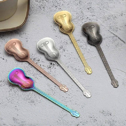 Stainless Steel Coffee Mixing Spoon Guitar Shaped - set of five titanium-plated 304 stainless steel guitar-shaped stirring spoons in assorted colors