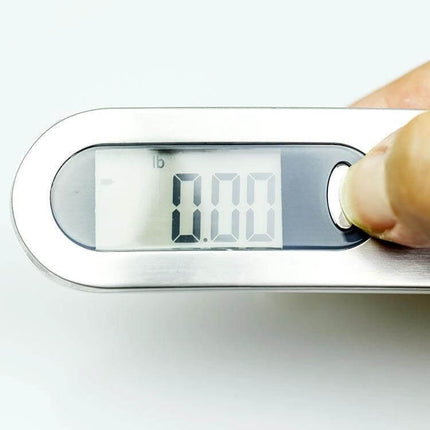 Stainless Steel Handheld Luggage Scale, Black For Travel showing 0.00 reading on 4-digit LCD with finger pressing power button