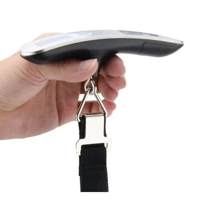 Stainless Steel Handheld Luggage Scale, Black For Travel shown in hand with strap and metal hook on white background
