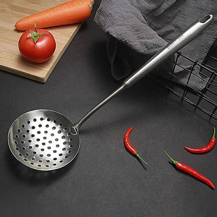 Stainless Steel Kitchen Utensil Set With Hollow Handles For Cooking - 304 stainless steel skimmer spoon with hanging hole and brushed finish