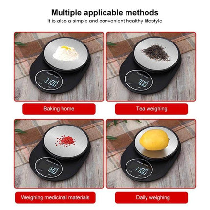 Stainless Steel Kitchen Scale For Everyday Home Use with 13cm pan showing baking, tea, spices, and fruit uses
