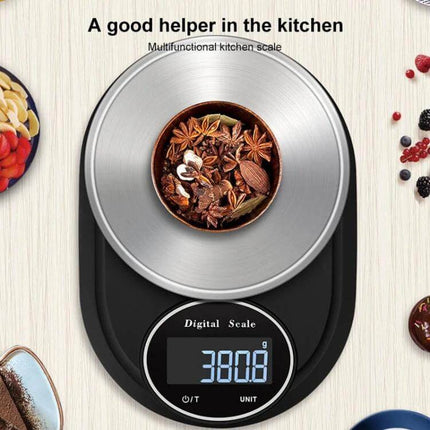 Stainless Steel Kitchen Scale For Everyday Home Use digital scale with 13cm weighing pan showing 380g, compact 198x141x31 mm for precise portioning