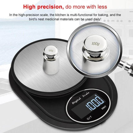 Stainless Steel Kitchen Scale For Everyday Home Use - compact digital kitchen scale with 13cm stainless weighing pan and precise 100g calibration weight