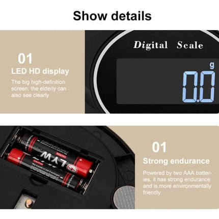 Stainless Steel Kitchen Scale For Everyday Home Use digital scale with LED HD display and AAA battery compartment, 13cm weighing pan, tare function