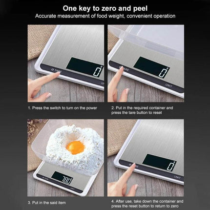 Stainless Steel Kitchen Scale With Large Pan For Everyday Baking digital scale with tare button and backlit LCD showing zero
