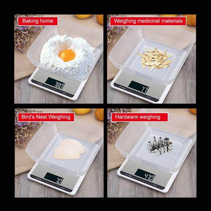 Stainless Steel Kitchen Scale With Large Pan For Everyday Baking showing large pan, backlit LCD and touch-button control weighing flour, herbs, nuts and hardware