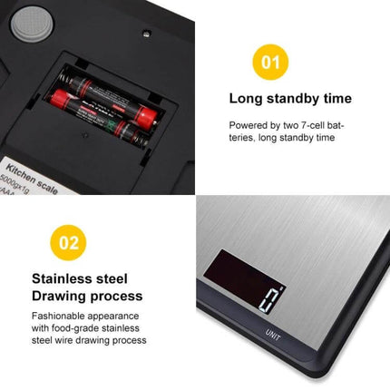 Stainless Steel Kitchen Scale With Large Pan For Everyday Baking showing battery compartment, backlit LCD and stainless steel surface