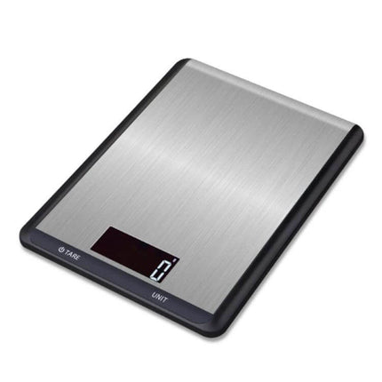 Stainless Steel Kitchen Scale With Large Pan For Everyday Baking - brushed stainless scale with backlit LCD and touch buttons, large pan for baking