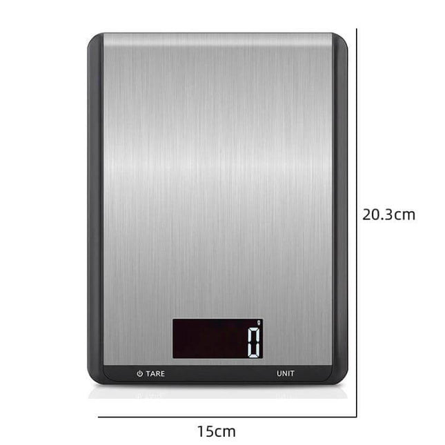 Stainless Steel Kitchen Scale With Large Pan For Everyday Baking - sleek stainless digital scale 15x20.3cm with backlit LCD, tare and unit buttons