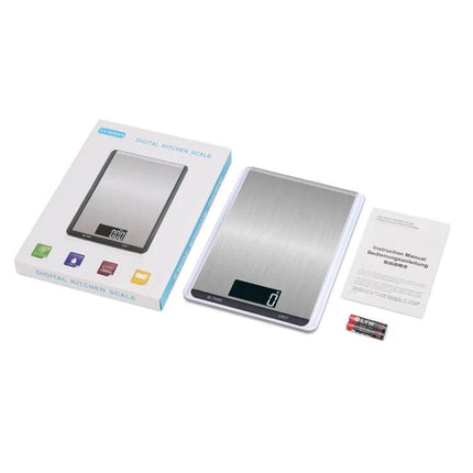 Stainless Steel Kitchen Scale With Large Pan For Everyday Baking - brushed steel digital scale with large pan, LCD display and manual