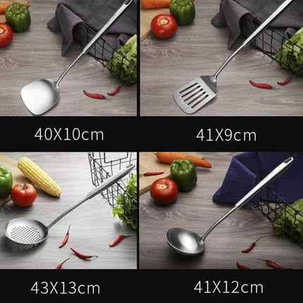 Stainless Steel Kitchen Utensil Set With Hollow Handles For Cooking showing spoon, spatula, skimmer and ladle on wood surface