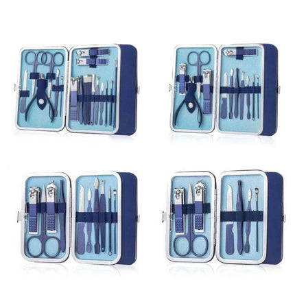 Stainless Steel Nail Clipper Set For Home Manicure multi-piece blue grooming kit with scissors, clippers, tweezers, files and tools in case