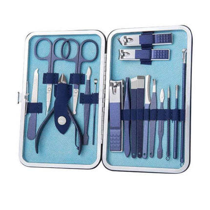 Stainless Steel Nail Clipper Set For Home Manicure multi-piece blue grooming kit with scissors, clippers, tweezers and tools in travel case