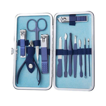 Stainless Steel Nail Clipper Set For Home Manicure in blue travel case with scissors clippers and grooming tools
