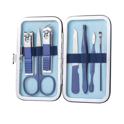 Stainless Steel Nail Clipper Set For Home Manicure compact blue multi-piece kit with scissors, clippers, tweezers and file in metal case