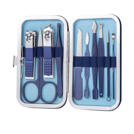 Stainless Steel Nail Clipper Set For Home Manicure compact 10-piece stainless steel and ABS grooming kit in blue case