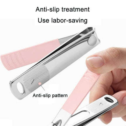 Stainless Steel Nail Clipper Set With Leather Case Pink showing stainless steel clippers with pink PU leather case and anti-slip grip