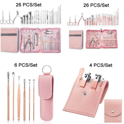 Stainless Steel Nail Clipper Set With Leather Case Pink - 26/6/4pcs travel manicure kit in pink PU leather with high-temperature quenched stainless blades