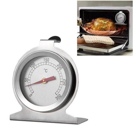 Stainless Steel Oven Thermometer For Home Cooking Essentials showing stainless steel dial thermometer next to roast chicken in oven