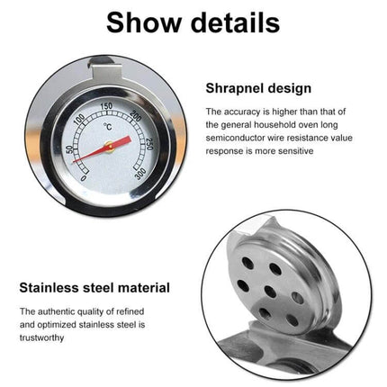 Stainless Steel Oven Thermometer For Home Cooking Essentials - close-up of dial, lab-grade glass lens, and stainless steel vented back