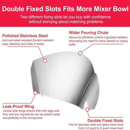 Stainless Steel Pouring Shield Food Chute For Stand Mixer Attachment shown with polished stainless finish, leak-proof wing, and double fixed slots