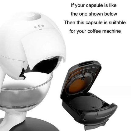 Stainless Steel Reusable Capsule for Dolce Gusto Coffee Maker shown next to compatible Dolce Gusto style machine, durable eco-friendly refillable pod