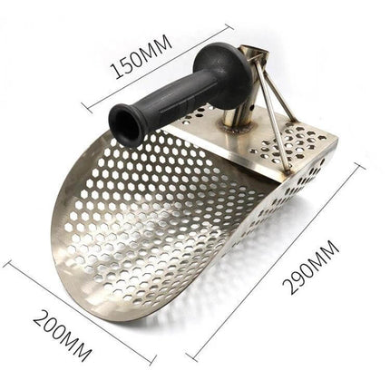 Stainless Steel Sand Shovel For Gold Panning And Beach Exploration - 304 stainless steel perforated scoop with grip, 290x200mm head, corrosion resistant