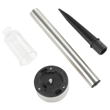Stainless Steel Solar Garden Light For Outdoor Pathways disassembled parts kit showing stainless post, plastic stake, lamp head and diffuser