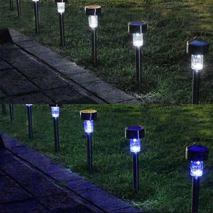 Stainless Steel Solar Garden Light For Outdoor Pathways lining a walkway to illuminate edges and improve nighttime visibility