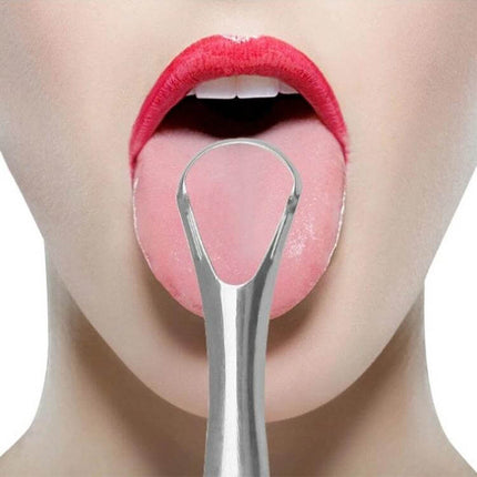 Stainless Steel Tongue Scraper For Oral Care, 14.6 Cm Long - 304 stainless steel tongue cleaner shown on tongue for fresher breath and reduced bacteria