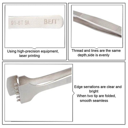 Stainless Steel Wafer Tweezers for Silicon Wafers, Everyday Use – close-up of thick stainless tweezers, serrated tips and laser-printed model marking